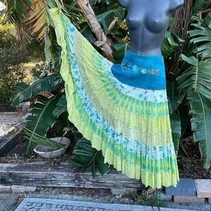 mirror image sequin tiered denim and floral maxi skirt